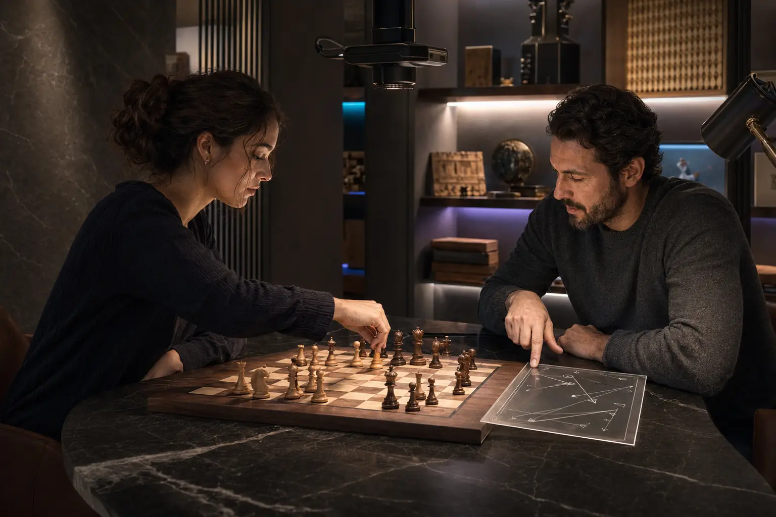 Conceptual editorial image of an adult learner and coach studying a chess position with an optical analysis tool