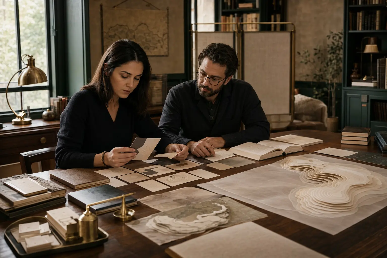 Conceptual editorial image of two adults arranging layered maps and reflection cards in a quiet research library